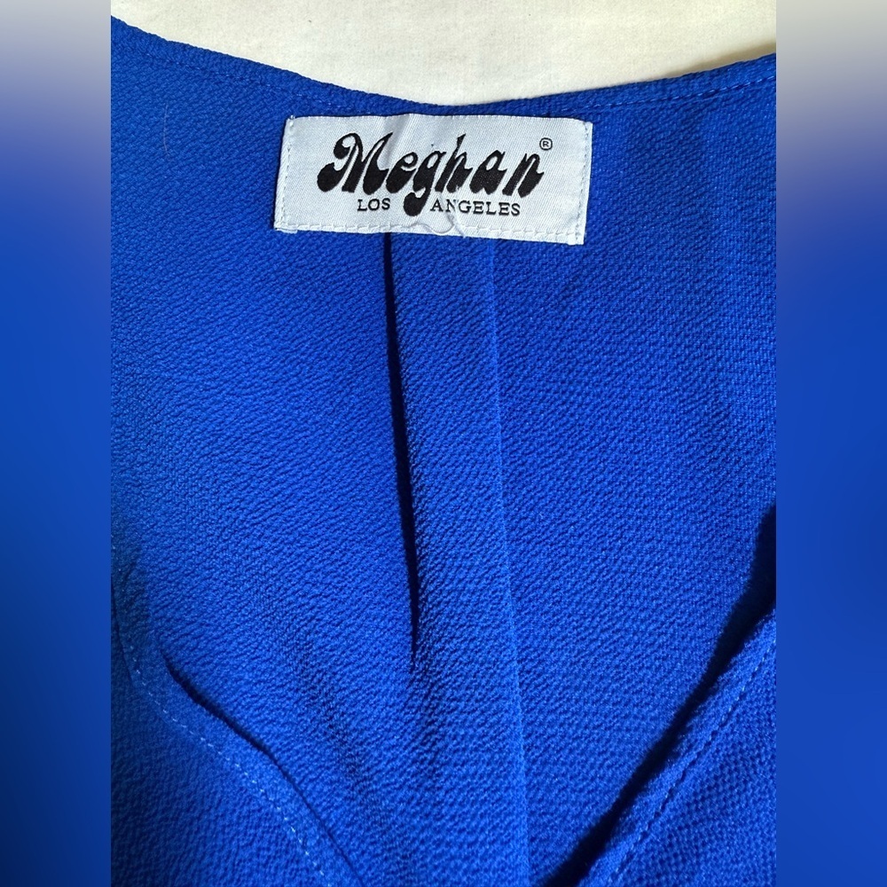 MEGHAN L.A. Royal blue long sleeve faux wrap FABULOUS LILYPAD midi dress size L. - Picture 11 of 16